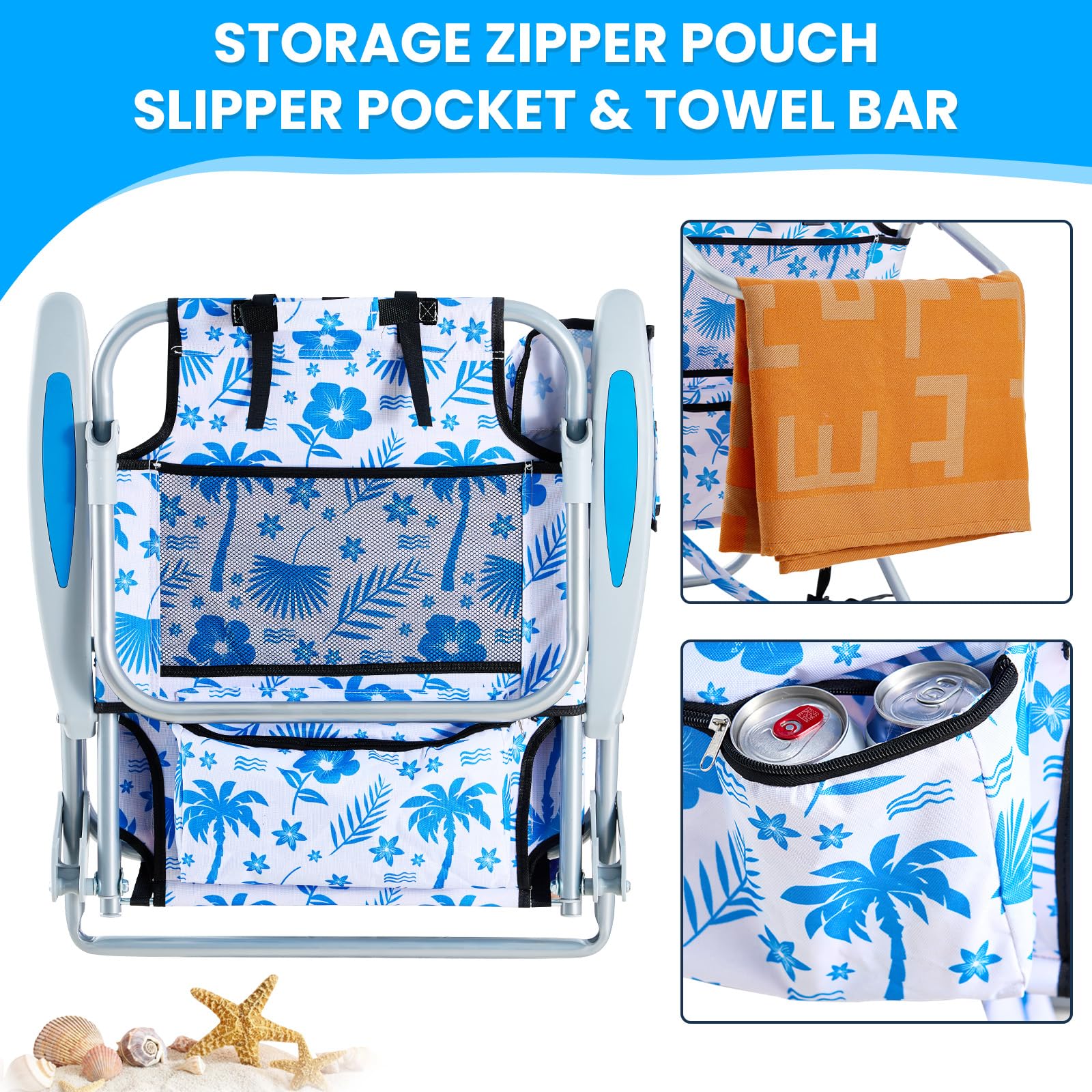 Portable Lay-Flat Beach Chair | 2-Pack | 5-Position Backpack Chair with Cup Holder