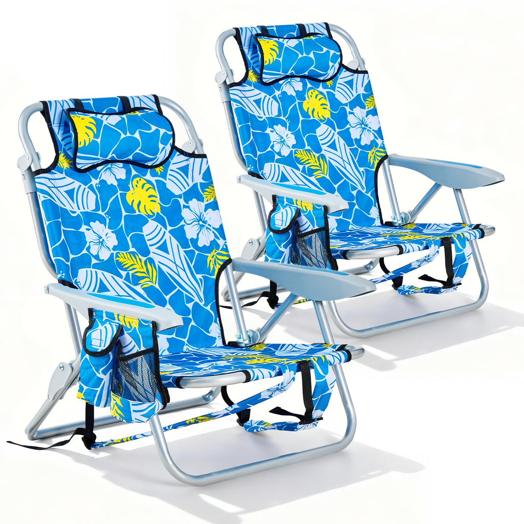 Portable Lay-Flat Beach Chair | 2-Pack | 5-Position Backpack Chair with Cup Holder