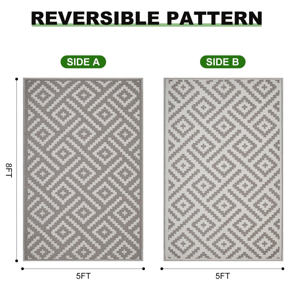 RURALITY Outdoor Rugs 8'x10' Waterproof for Patios Clearance,Plastic Straw Mats for RV, Camping,Backyard,Porch,Deck,Balcony,Reversible,Geometric
