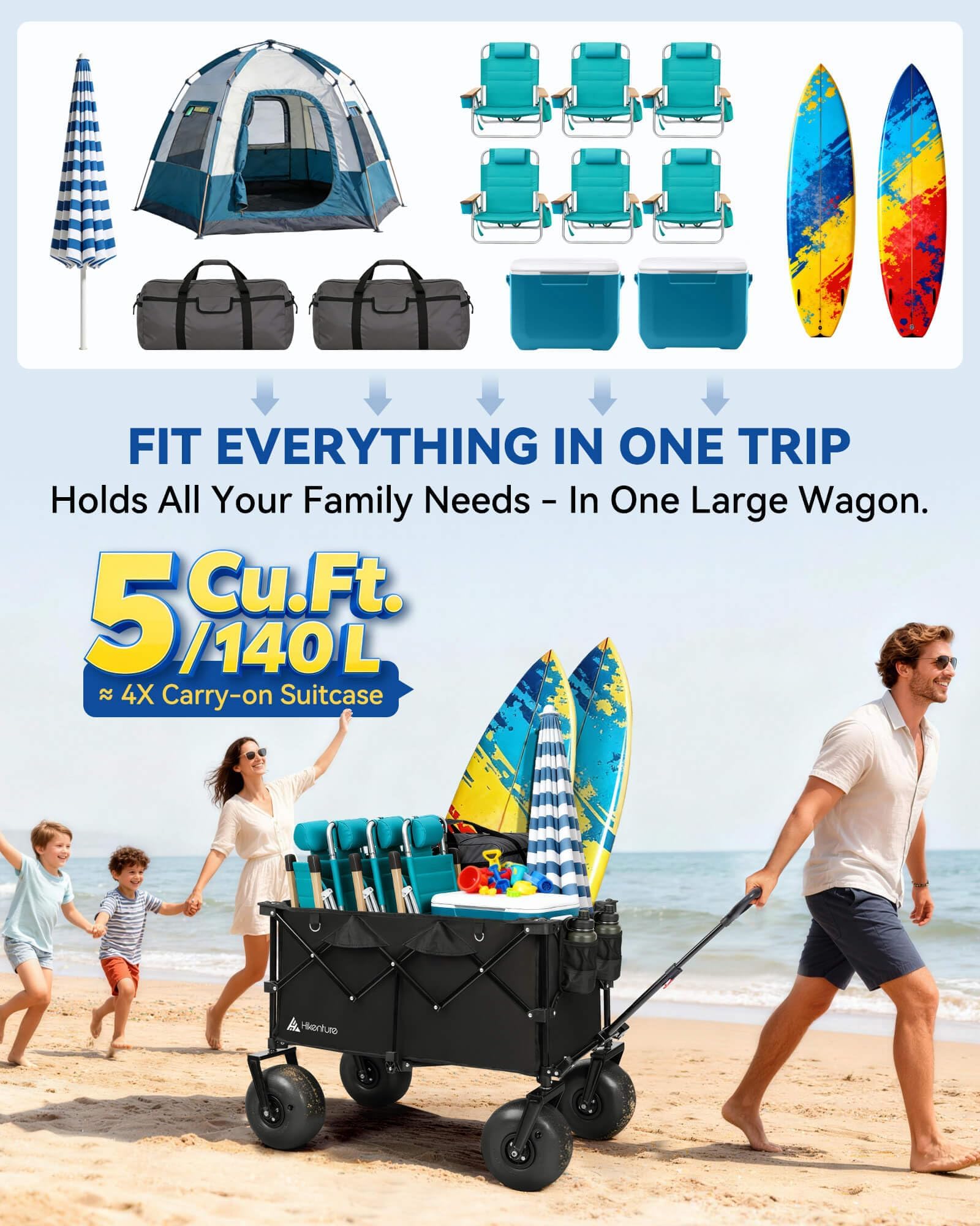 Hikenture Beach Wagon with Balloon Wheels | 440 lb Capacity | Collapsible Sand Cart