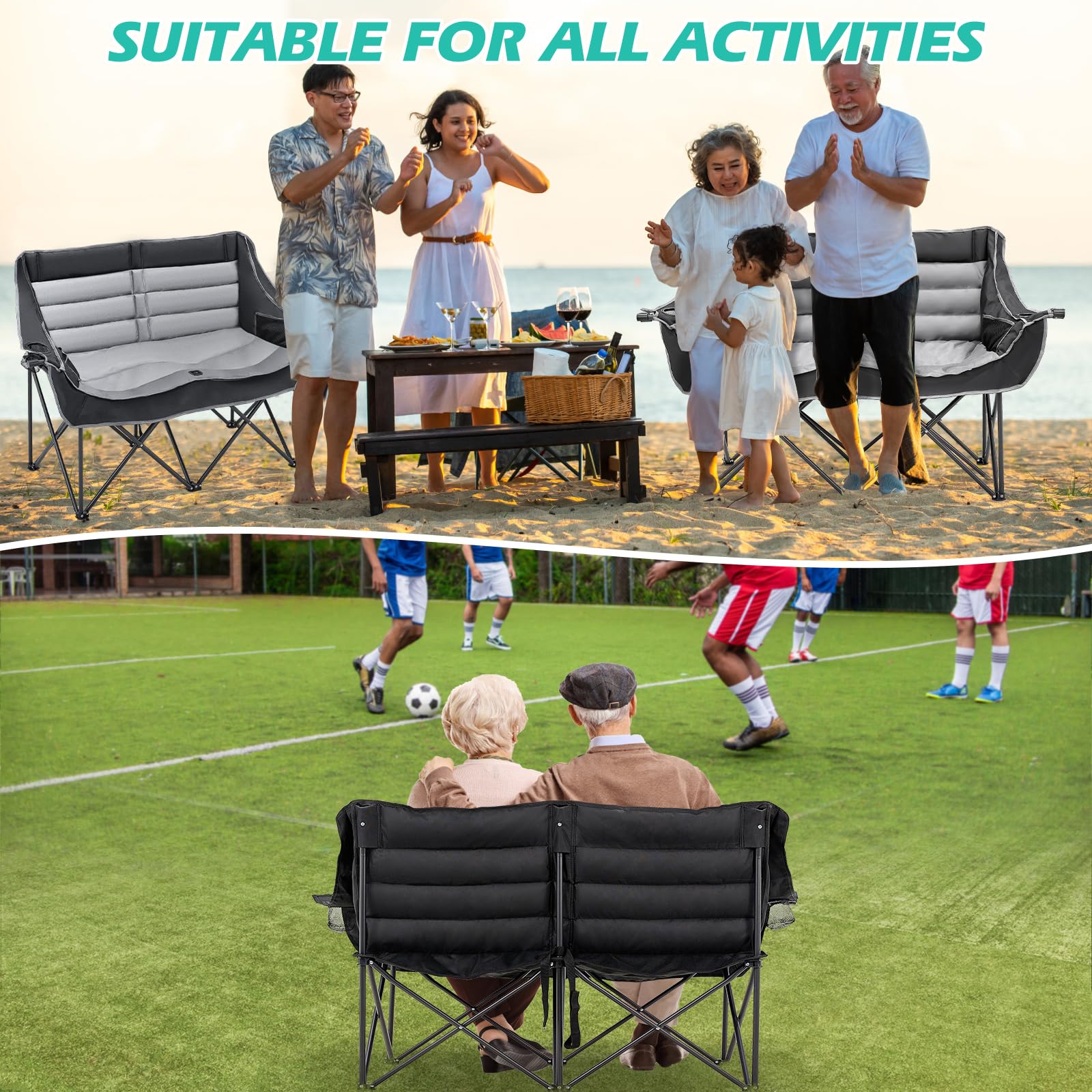 DoCred Double Camping Loveseat Chair | 2-Person | 660 lb Capacity | Cup Holders & Side Pockets