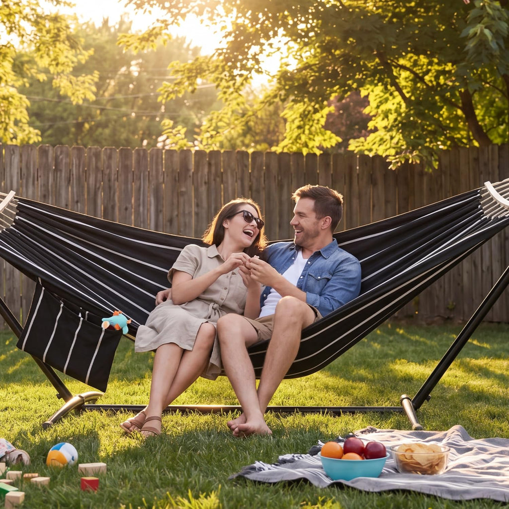 GAFETE Double Hammock with Stand | 2-Person | 600 lb Capacity | Indoor & Outdoor