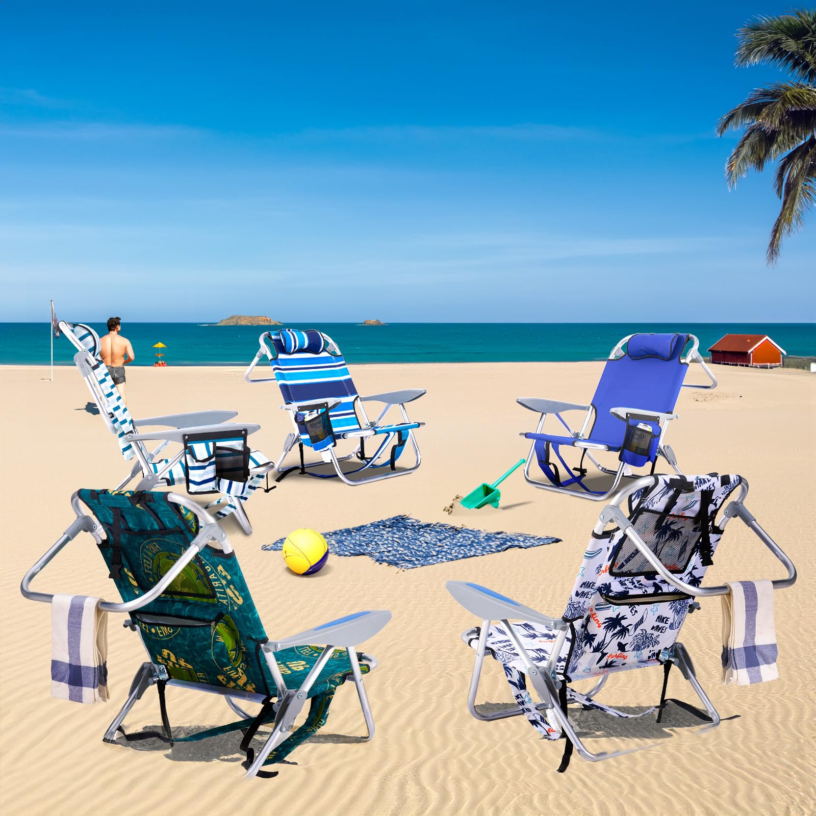 Portable Lay-Flat Beach Chair | 2-Pack | 5-Position Backpack Chair with Cup Holder