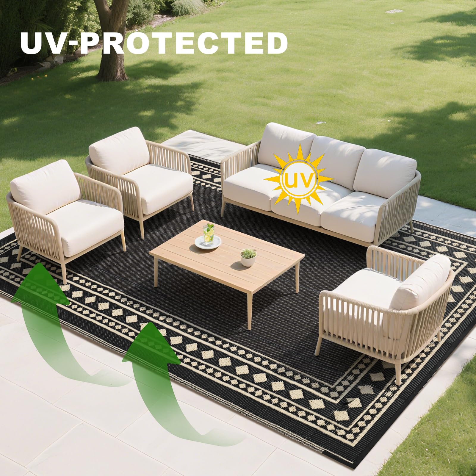 RURALITY Outdoor Rugs 8'x10' Waterproof for Patios Clearance,Plastic Straw Mats for RV, Camping,Backyard,Porch,Deck,Balcony,Reversible,Geometric