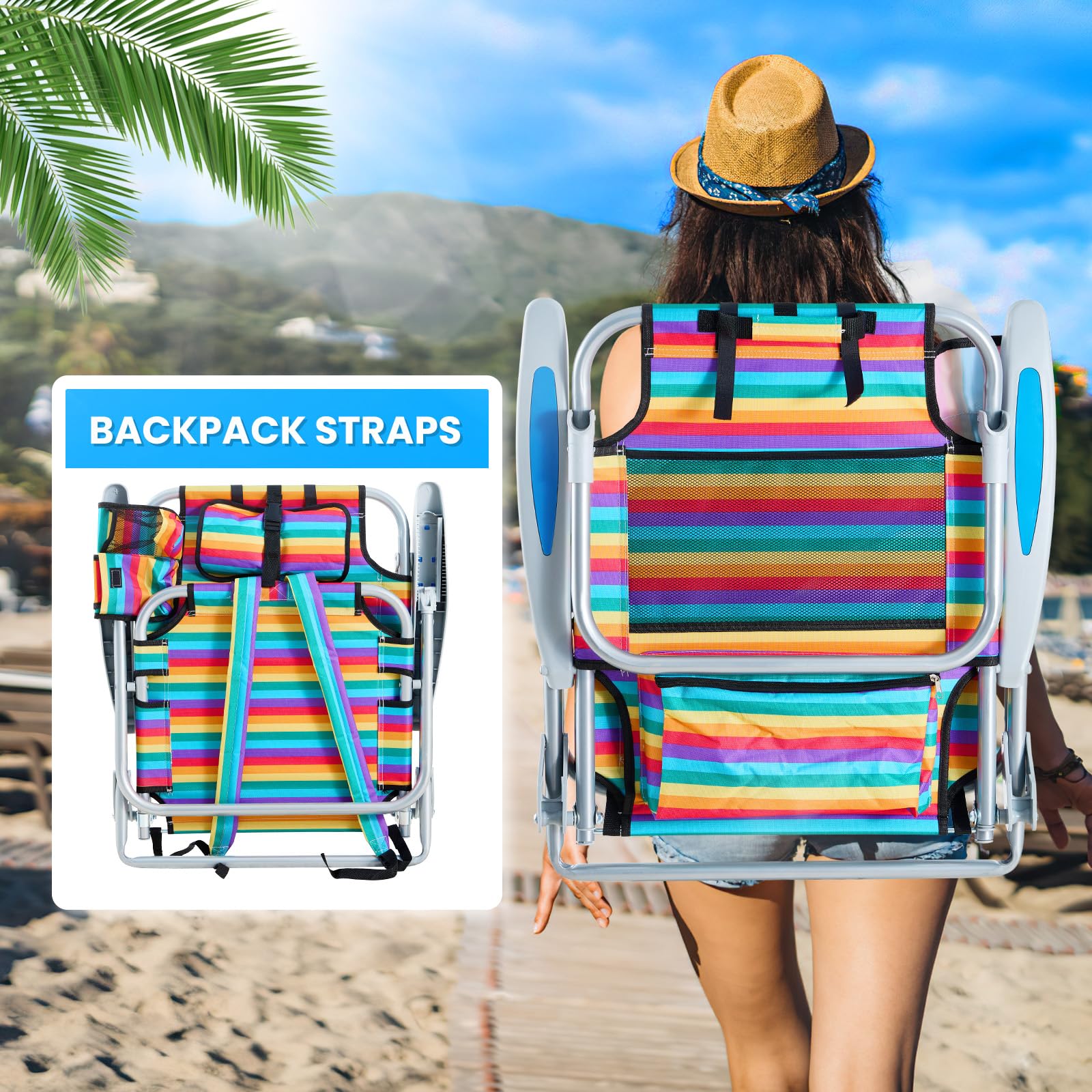 Portable Lay-Flat Beach Chair | 2-Pack | 5-Position Backpack Chair with Cup Holder