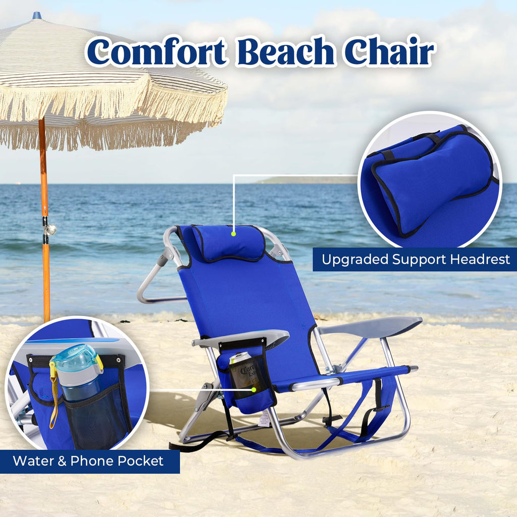 Portable Lay-Flat Beach Chair | 2-Pack | 5-Position Backpack Chair with Cup Holder