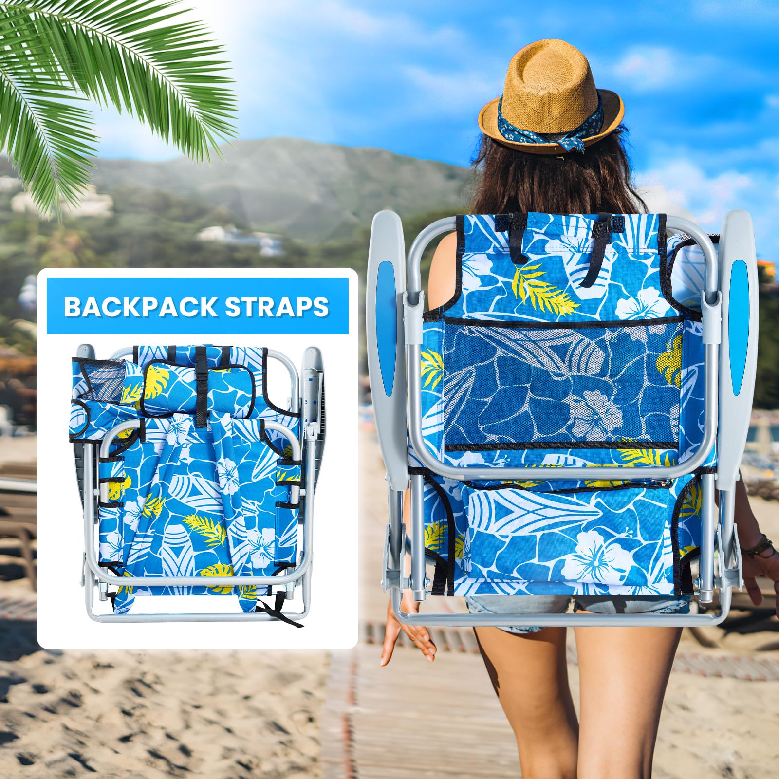 Portable Lay-Flat Beach Chair | 2-Pack | 5-Position Backpack Chair with Cup Holder