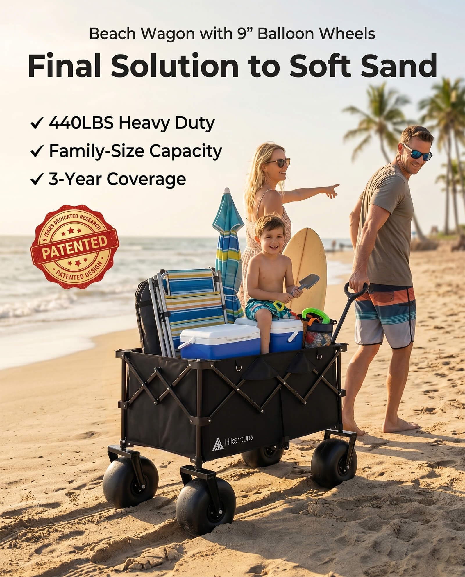 Hikenture Beach Wagon with Balloon Wheels | 440 lb Capacity | Collapsible Sand Cart