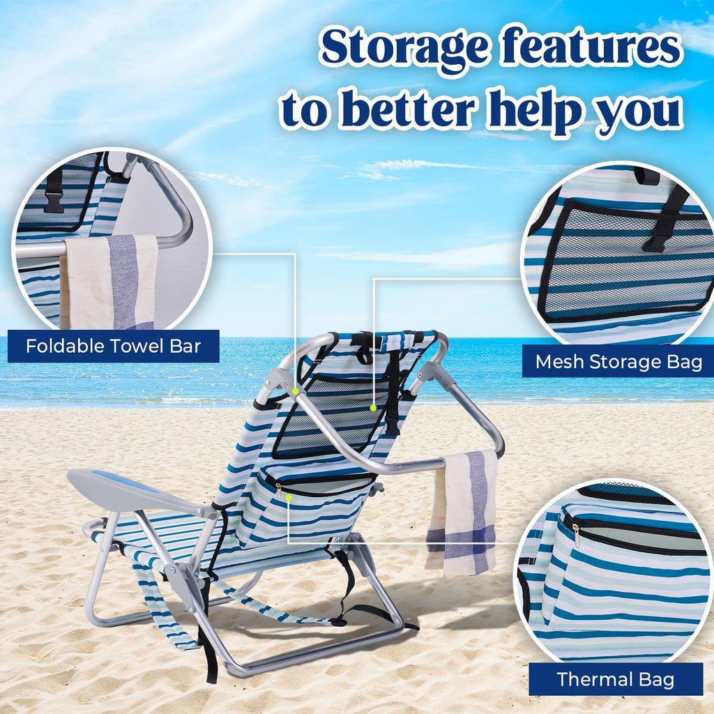 Portable Lay-Flat Beach Chair | 2-Pack | 5-Position Backpack Chair with Cup Holder