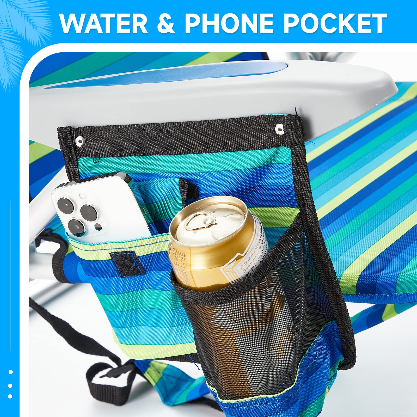 Portable Lay-Flat Beach Chair | 2-Pack | 5-Position Backpack Chair with Cup Holder