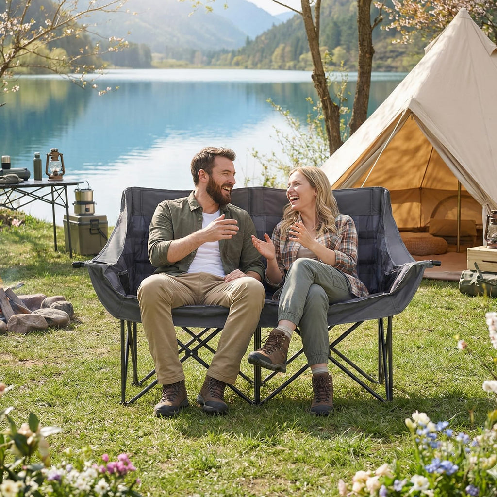 DoCred Double Camping Loveseat Chair | 2-Person | 660 lb Capacity | Cup Holders & Side Pockets