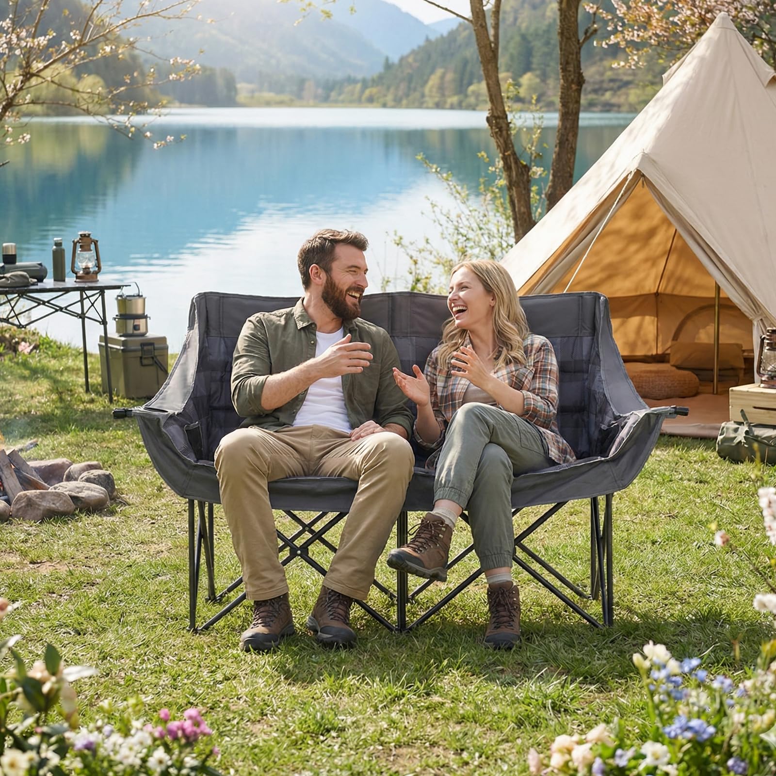 DoCred Double Camping Loveseat Chair | 2-Person | 660 lb Capacity | Cup Holders & Side Pockets