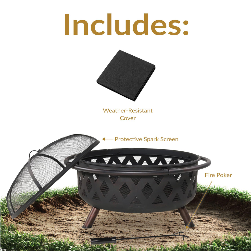 Sunnydaze Crossweave Outdoor Fire Pit | Wood-Burning | 30" & 36" | Spark Screen, Poker & Cover Included