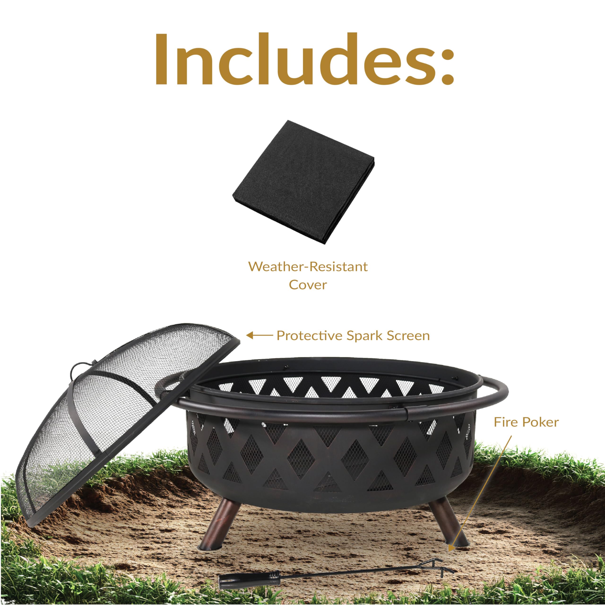 Sunnydaze Crossweave Outdoor Fire Pit | Wood-Burning | 30" & 36" | Spark Screen, Poker & Cover Included