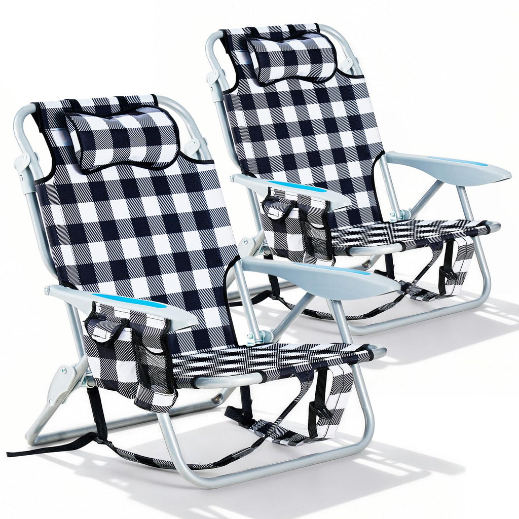 Portable Lay-Flat Beach Chair | 2-Pack | 5-Position Backpack Chair with Cup Holder