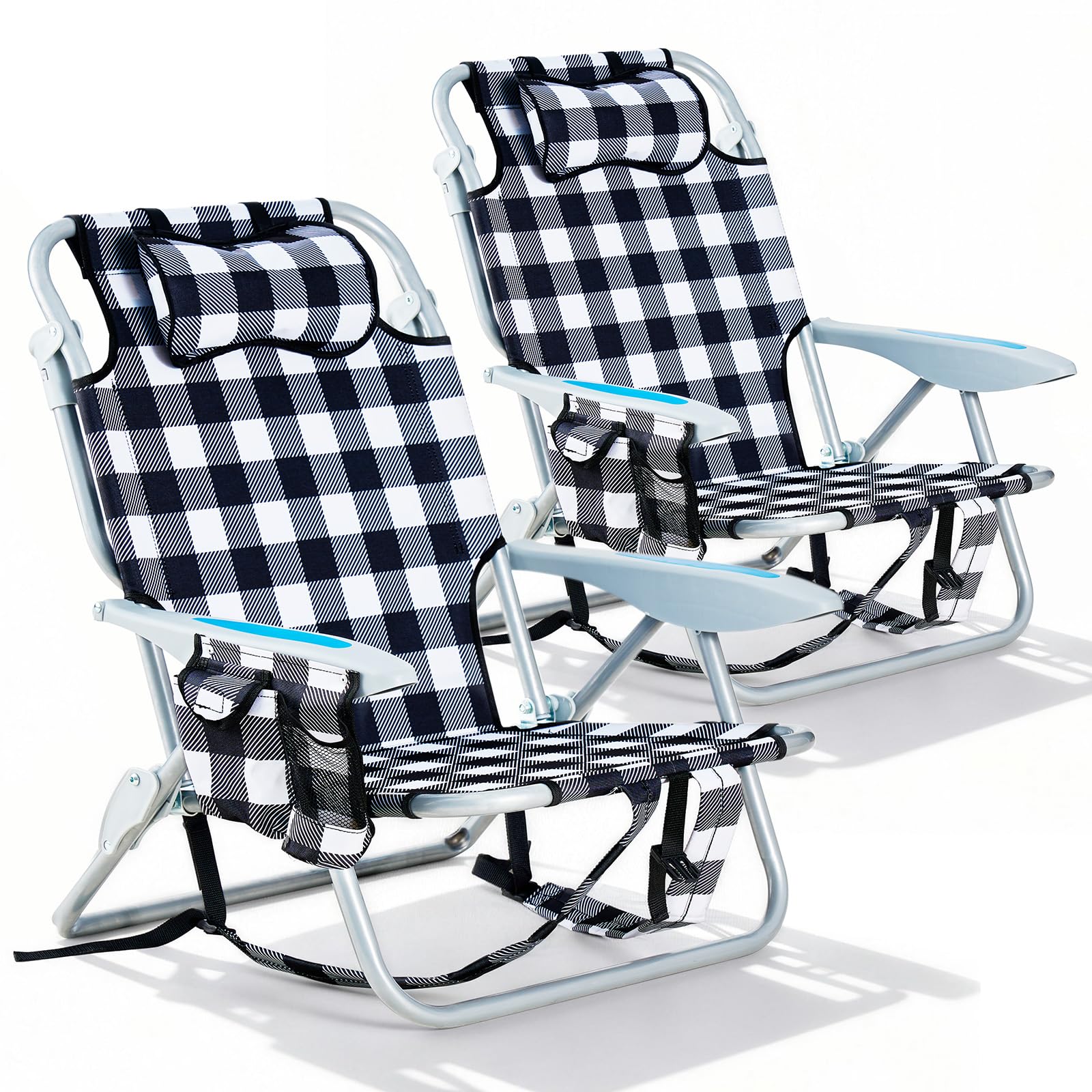 Portable Lay-Flat Beach Chair | 2-Pack | 5-Position Backpack Chair with Cup Holder