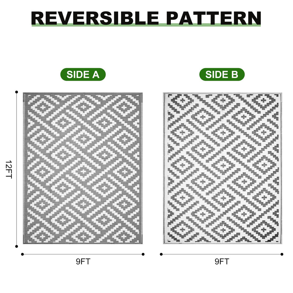 RURALITY Outdoor Rugs 8'x10' Waterproof for Patios Clearance,Plastic Straw Mats for RV, Camping,Backyard,Porch,Deck,Balcony,Reversible,Geometric