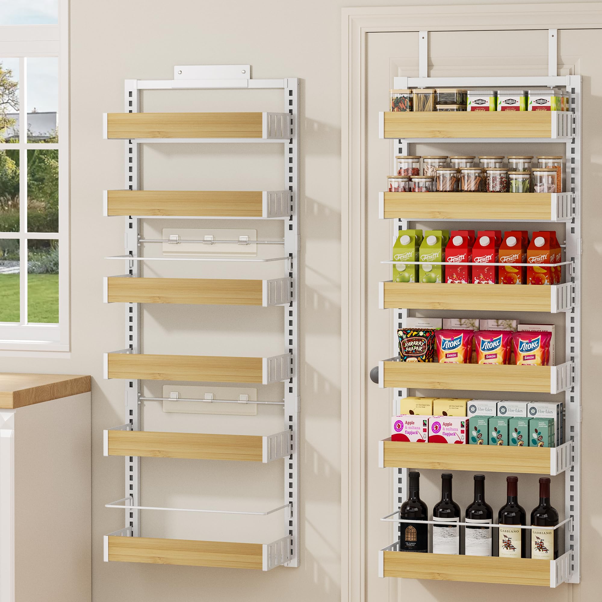 POKIPO 8 Tier Over The Door Pantry Organizer, 2 IN 1 Wall Mount or Hanging Spice Rack Seasoning Shelves with Adjustable Basket, Back of Door Organizer and Storage for Kitchen Cabinet and Room Closet