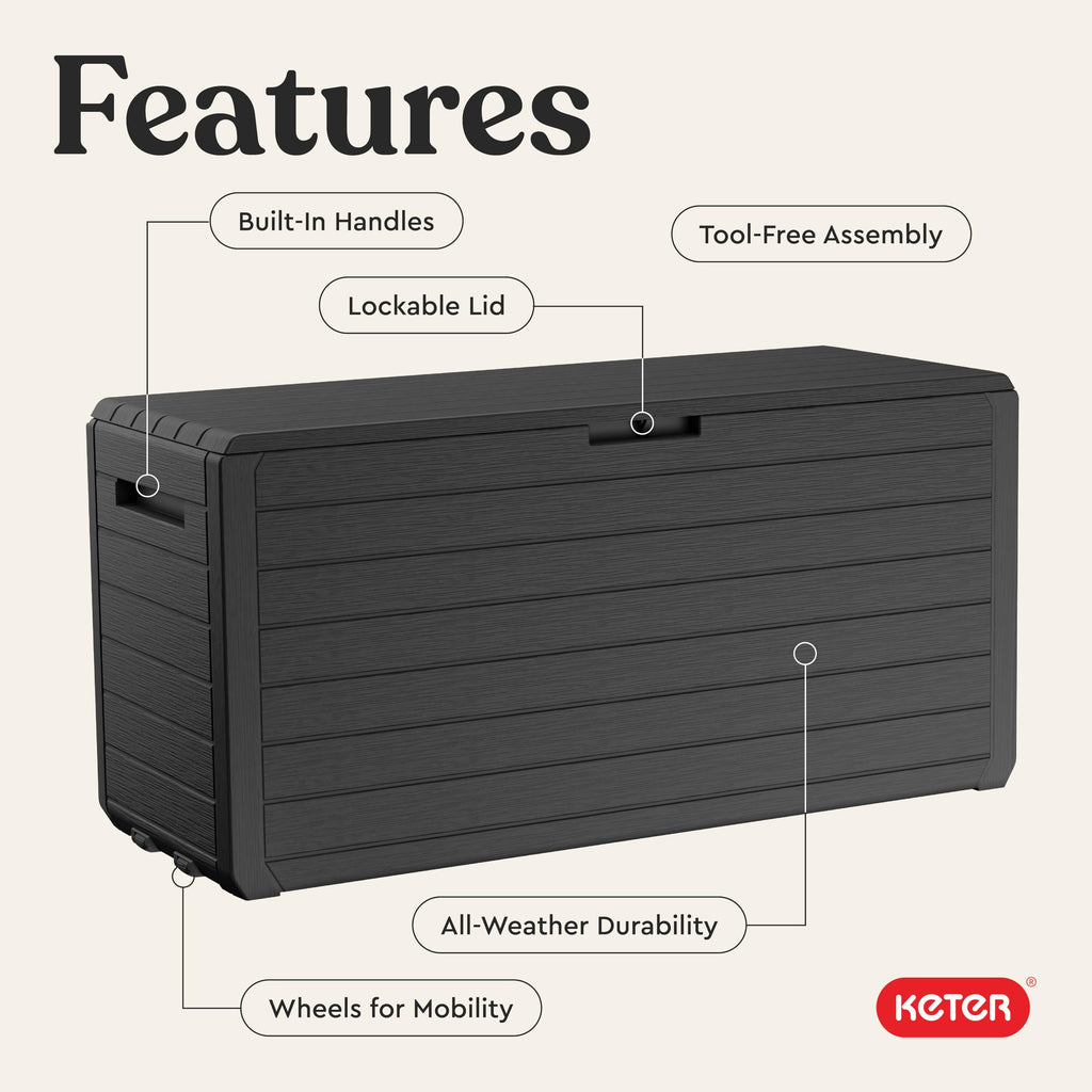 Keter Marvel Plus 71 Gallon Resin Outdoor Storage Box for Patio Furniture Cushions, Throw Pillows, Garden Tools and Pool Floats, Beige