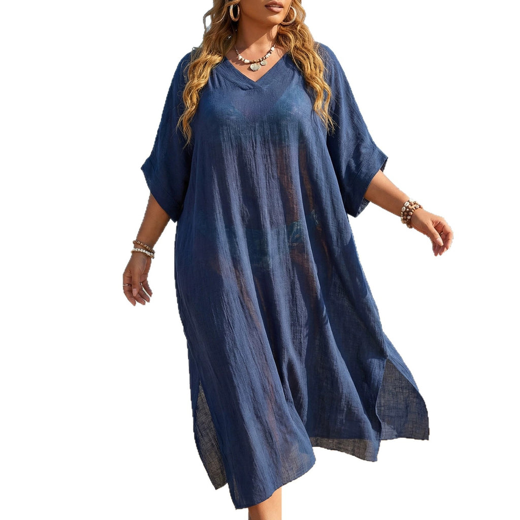 Plus Size Women's Bikini Cover-up V-Neck Loose Casual Dress with Slit Floor-Length Beach Dress
