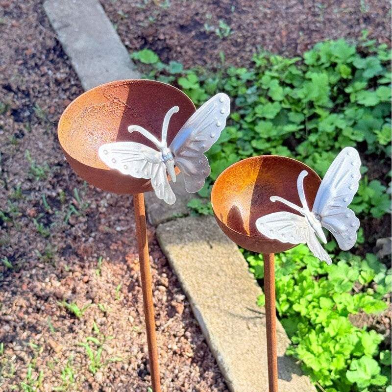 Vintage Iron Bird Bath with Rotating Feeders – Rustic Garden Stake Decor