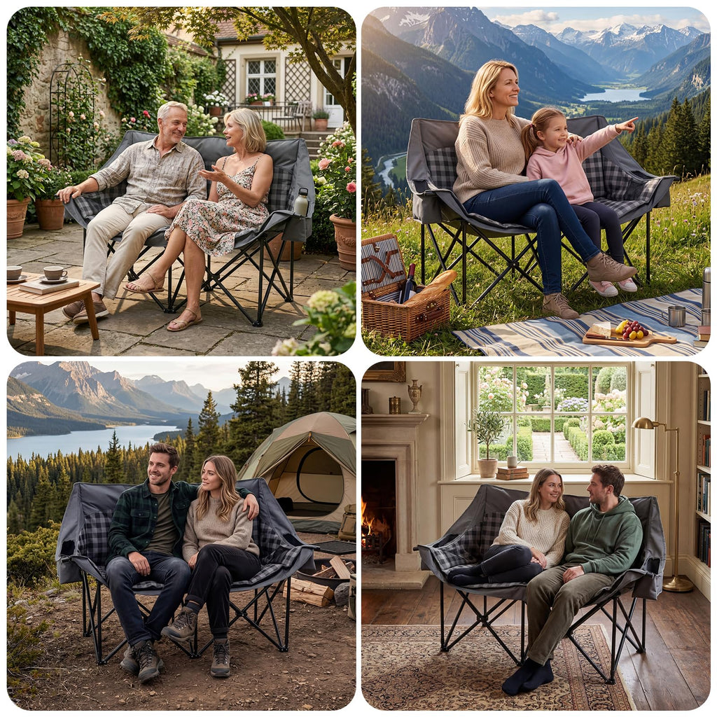 DoCred Double Camping Loveseat Chair | 2-Person | 660 lb Capacity | Cup Holders & Side Pockets