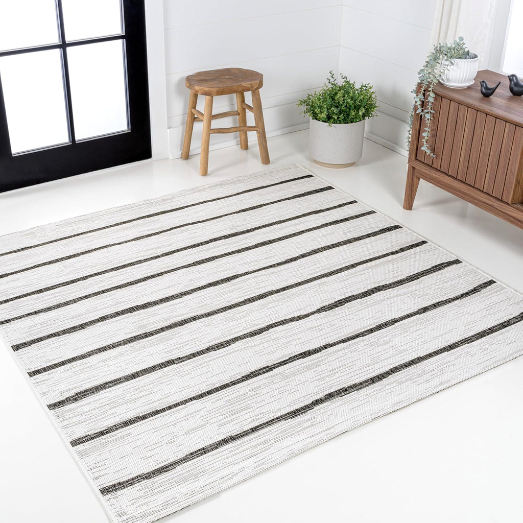 JONATHAN Y Berber Stripe Indoor/Outdoor Area Rug 5x8 – Blue & Ivory