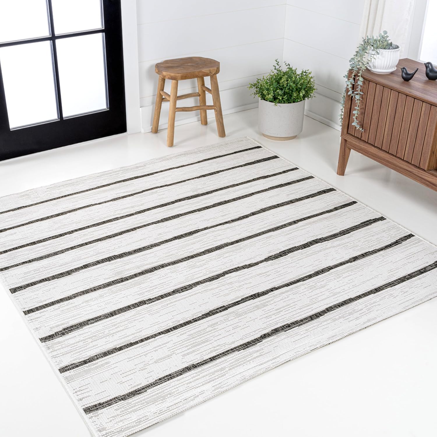 JONATHAN Y Berber Stripe Indoor/Outdoor Area Rug 5x8 – Blue & Ivory