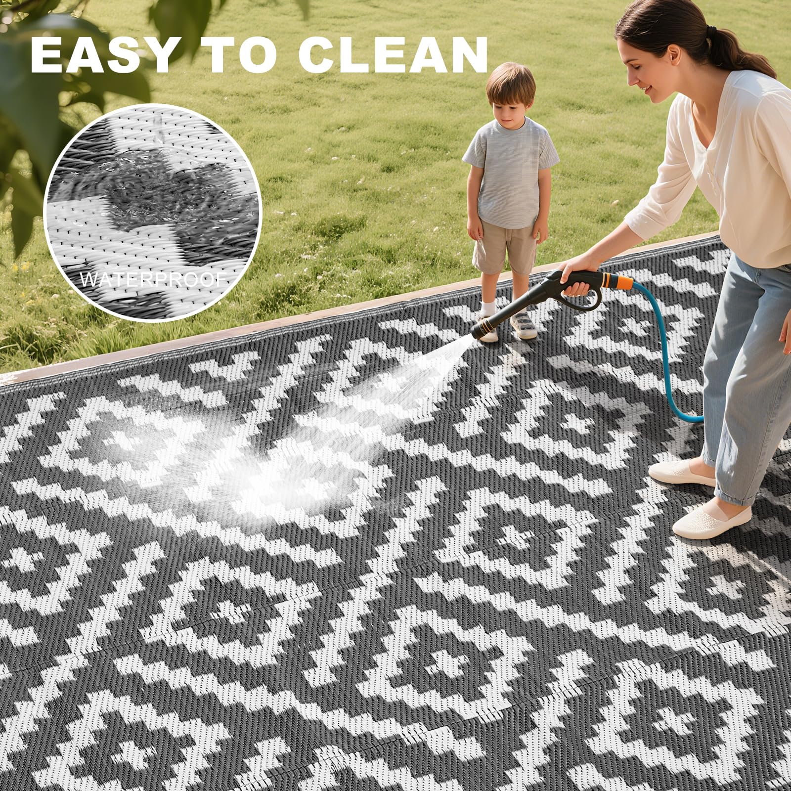 RURALITY Outdoor Rugs 8'x10' Waterproof for Patios Clearance,Plastic Straw Mats for RV, Camping,Backyard,Porch,Deck,Balcony,Reversible,Geometric