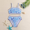 Printed Blue and White Porcelain Swimwear for Girls, Kids Beach Hot Spring Vacation Bikini Swimsuit