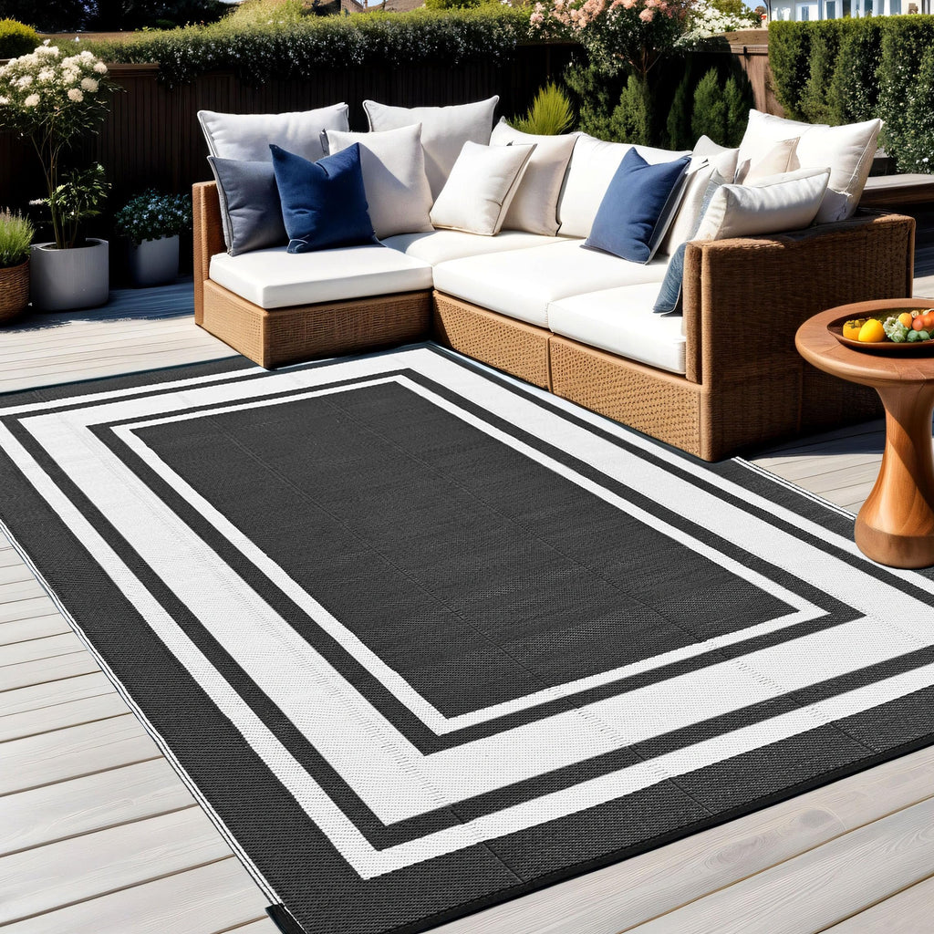 RURALITY Outdoor Rugs 8'x10' Waterproof for Patios Clearance,Plastic Straw Mats for RV, Camping,Backyard,Porch,Deck,Balcony,Reversible,Geometric