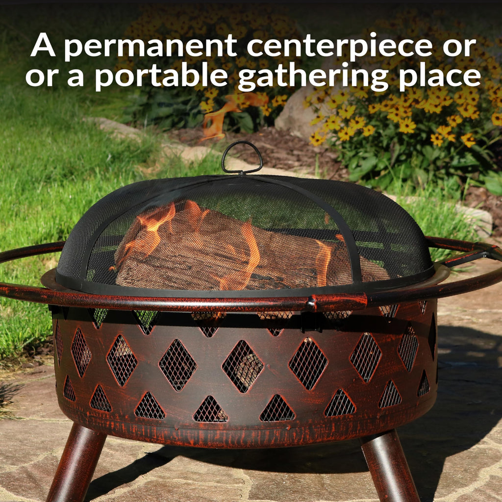 Sunnydaze Crossweave Outdoor Fire Pit | Wood-Burning | 30" & 36" | Spark Screen, Poker & Cover Included