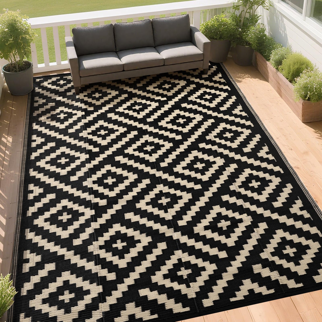 RURALITY Outdoor Rugs 8'x10' Waterproof for Patios Clearance,Plastic Straw Mats for RV, Camping,Backyard,Porch,Deck,Balcony,Reversible,Geometric