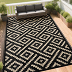 RURALITY Outdoor Rugs 8'x10' Waterproof for Patios Clearance,Plastic Straw Mats for RV, Camping,Backyard,Porch,Deck,Balcony,Reversible,Geometric