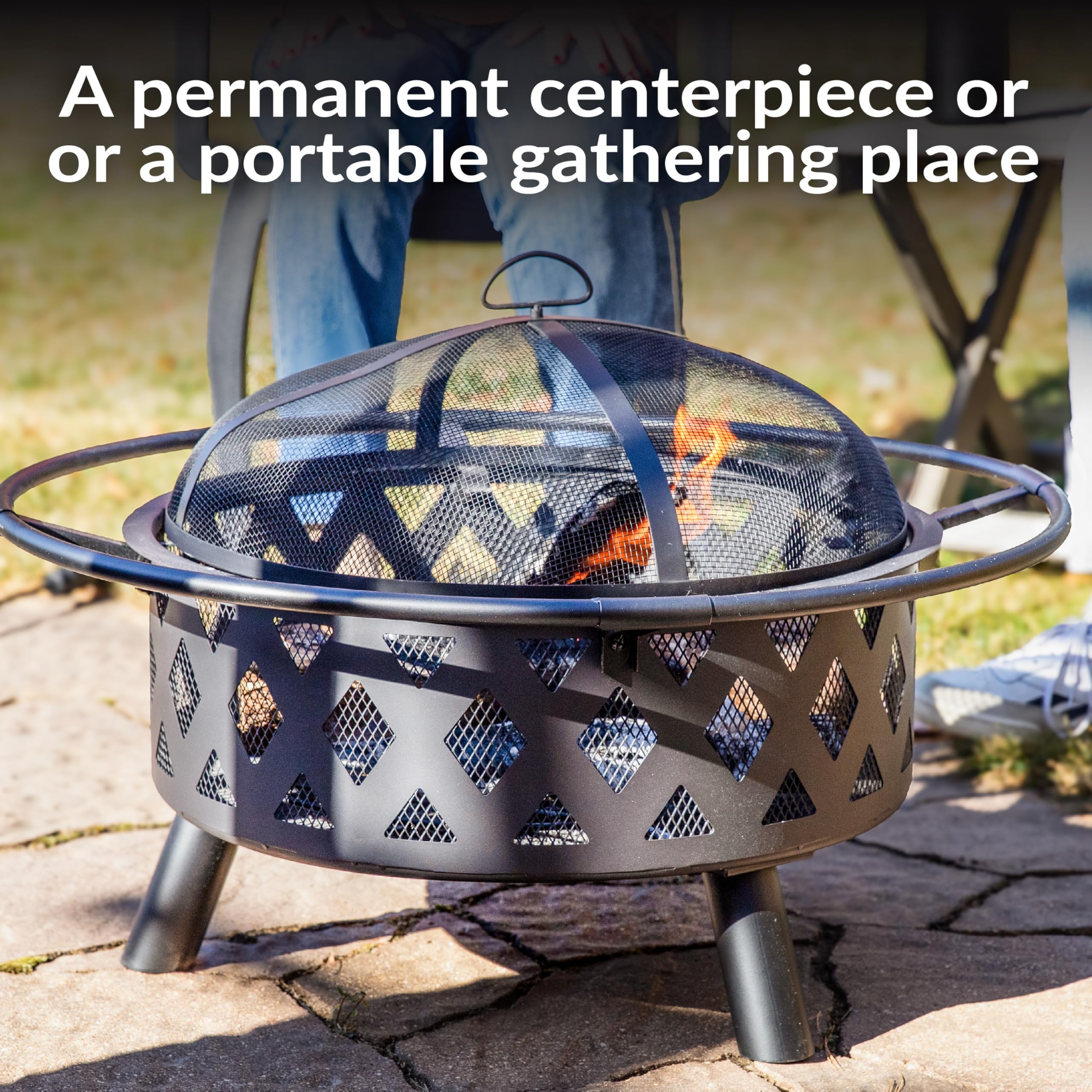 Sunnydaze Crossweave Outdoor Fire Pit | Wood-Burning | 30" & 36" | Spark Screen, Poker & Cover Included