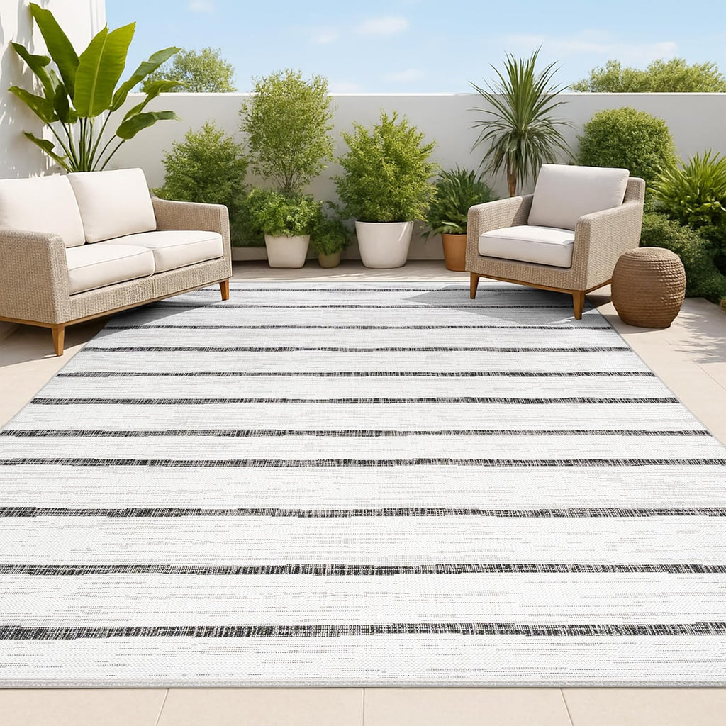 JONATHAN Y Berber Stripe Indoor/Outdoor Area Rug 5x8 – Blue & Ivory