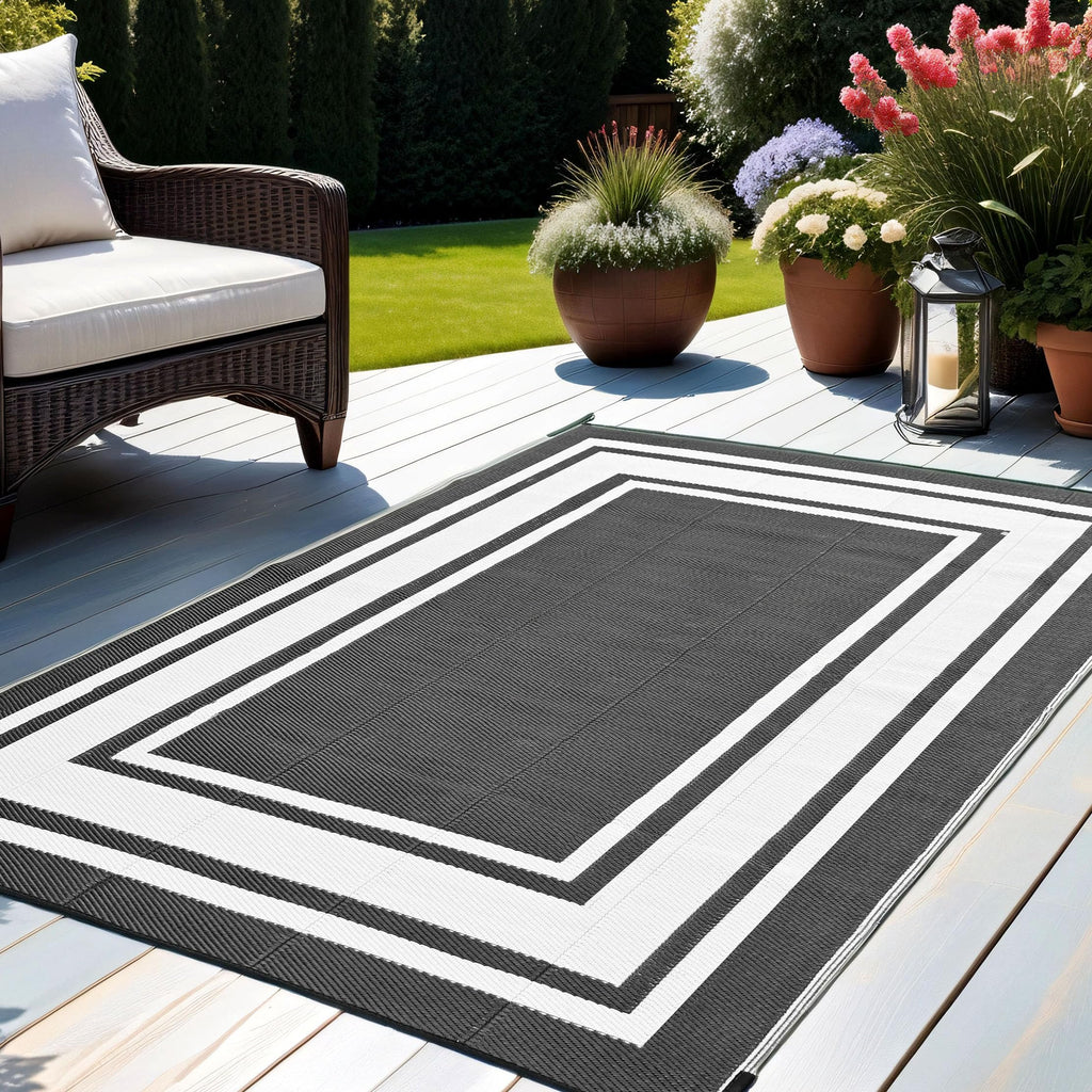 RURALITY Outdoor Rugs 8'x10' Waterproof for Patios Clearance,Plastic Straw Mats for RV, Camping,Backyard,Porch,Deck,Balcony,Reversible,Geometric