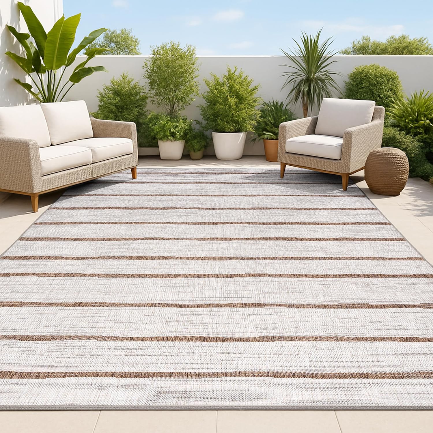 JONATHAN Y Berber Stripe Indoor/Outdoor Area Rug 5x8 – Blue & Ivory