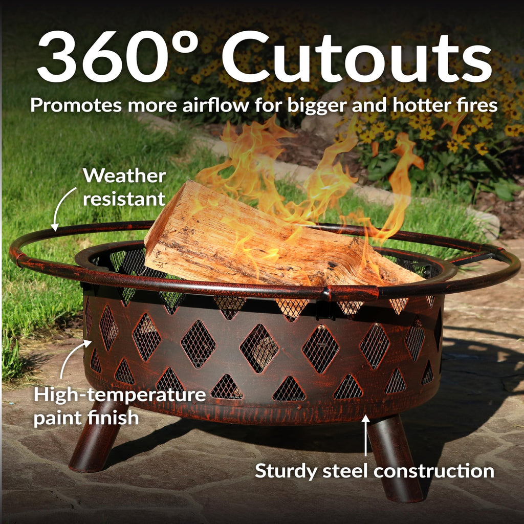 Sunnydaze Crossweave Outdoor Fire Pit | Wood-Burning | 30" & 36" | Spark Screen, Poker & Cover Included