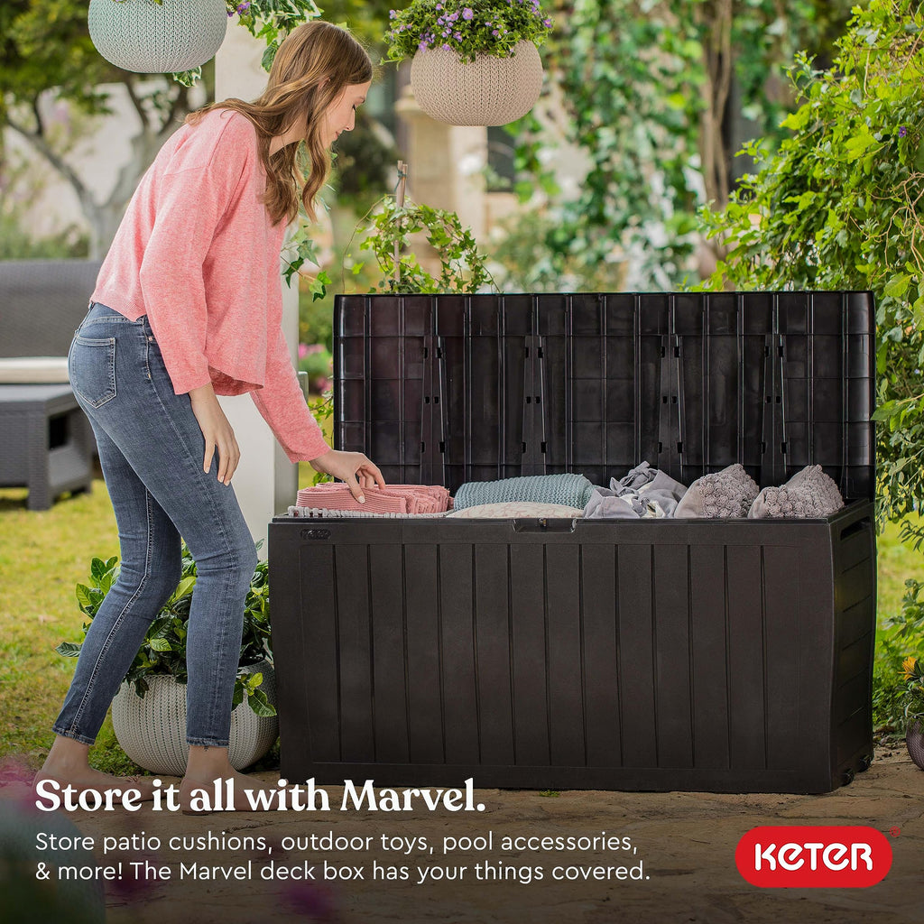 Keter Marvel Plus 71 Gallon Resin Outdoor Storage Box for Patio Furniture Cushions, Throw Pillows, Garden Tools and Pool Floats, Beige