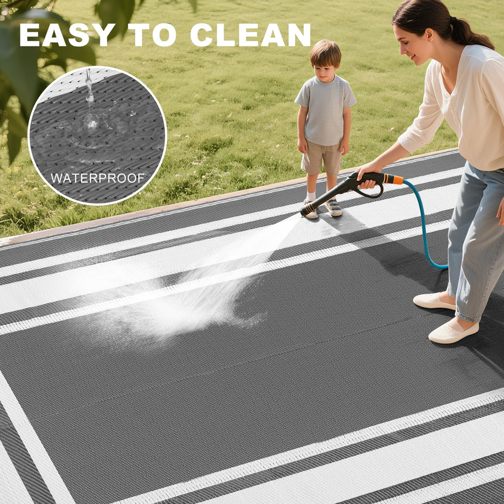 RURALITY Outdoor Rugs 8'x10' Waterproof for Patios Clearance,Plastic Straw Mats for RV, Camping,Backyard,Porch,Deck,Balcony,Reversible,Geometric