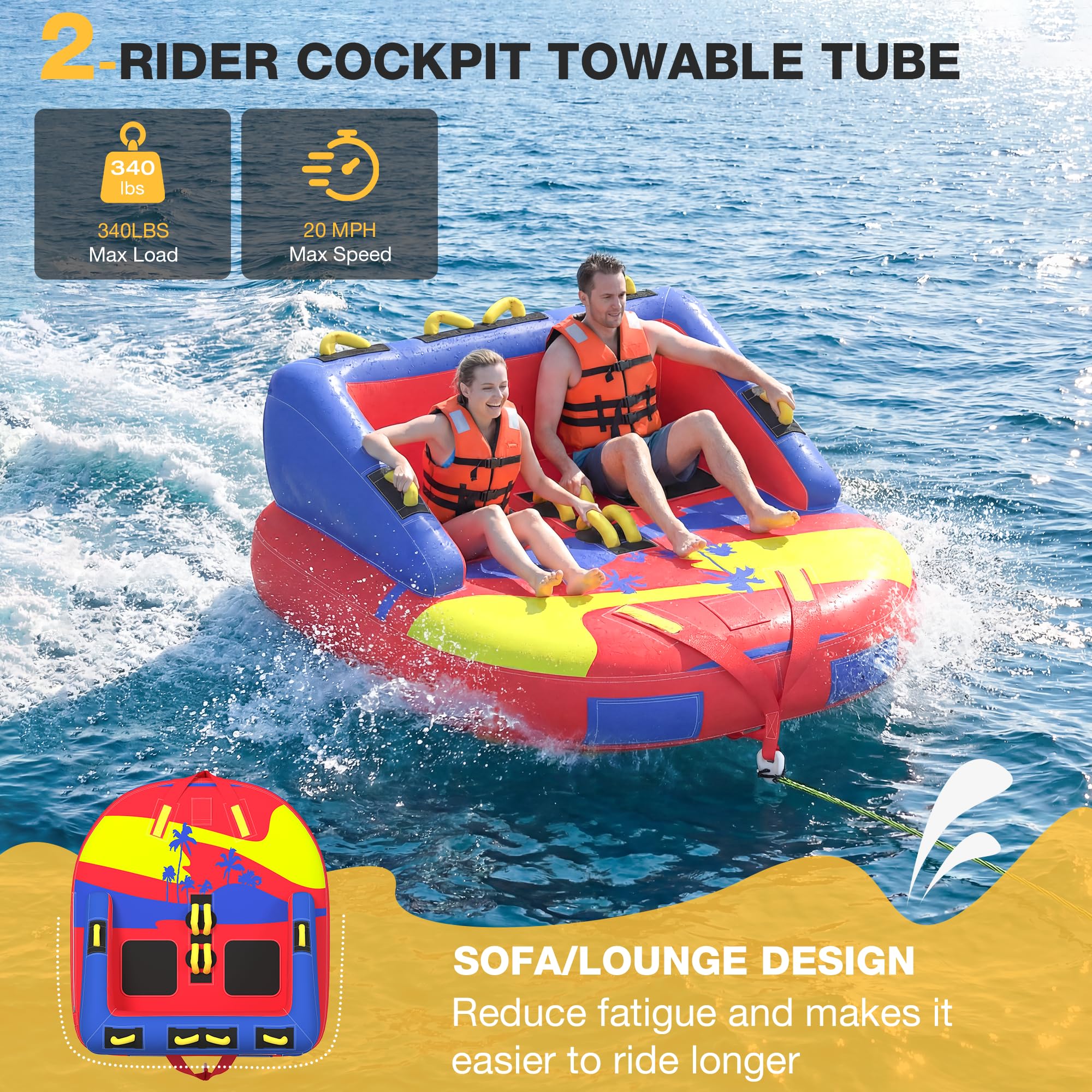 Towable Tubes for Boating | 1-3 Rider | Cockpit Style with Rope Included | Lake & River