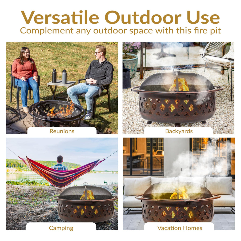 Sunnydaze Crossweave Outdoor Fire Pit | Wood-Burning | 30" & 36" | Spark Screen, Poker & Cover Included