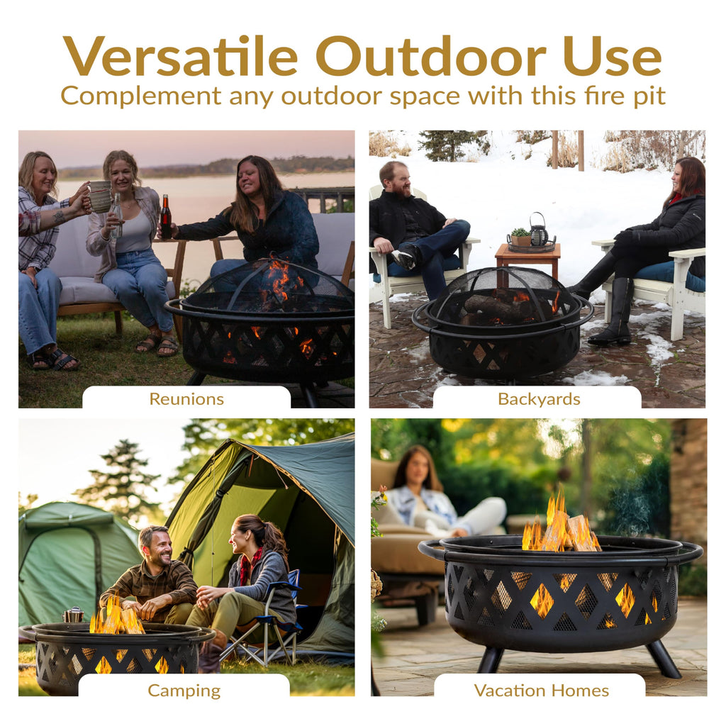 Sunnydaze Crossweave Outdoor Fire Pit | Wood-Burning | 30" & 36" | Spark Screen, Poker & Cover Included