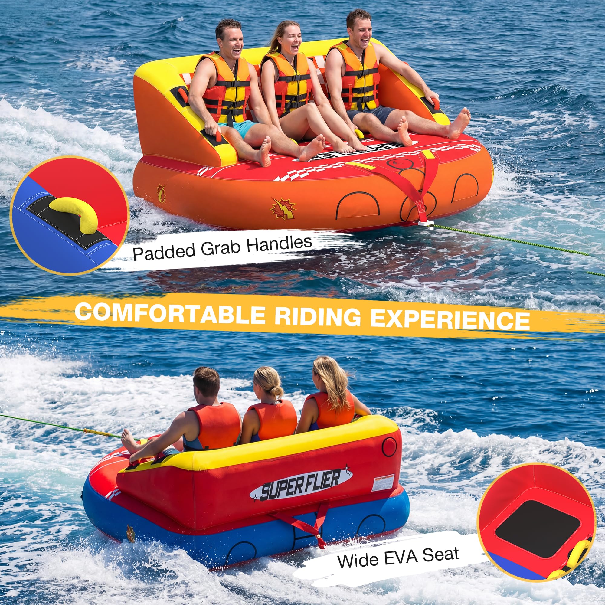 Towable Tubes for Boating | 1-3 Rider | Cockpit Style with Rope Included | Lake & River