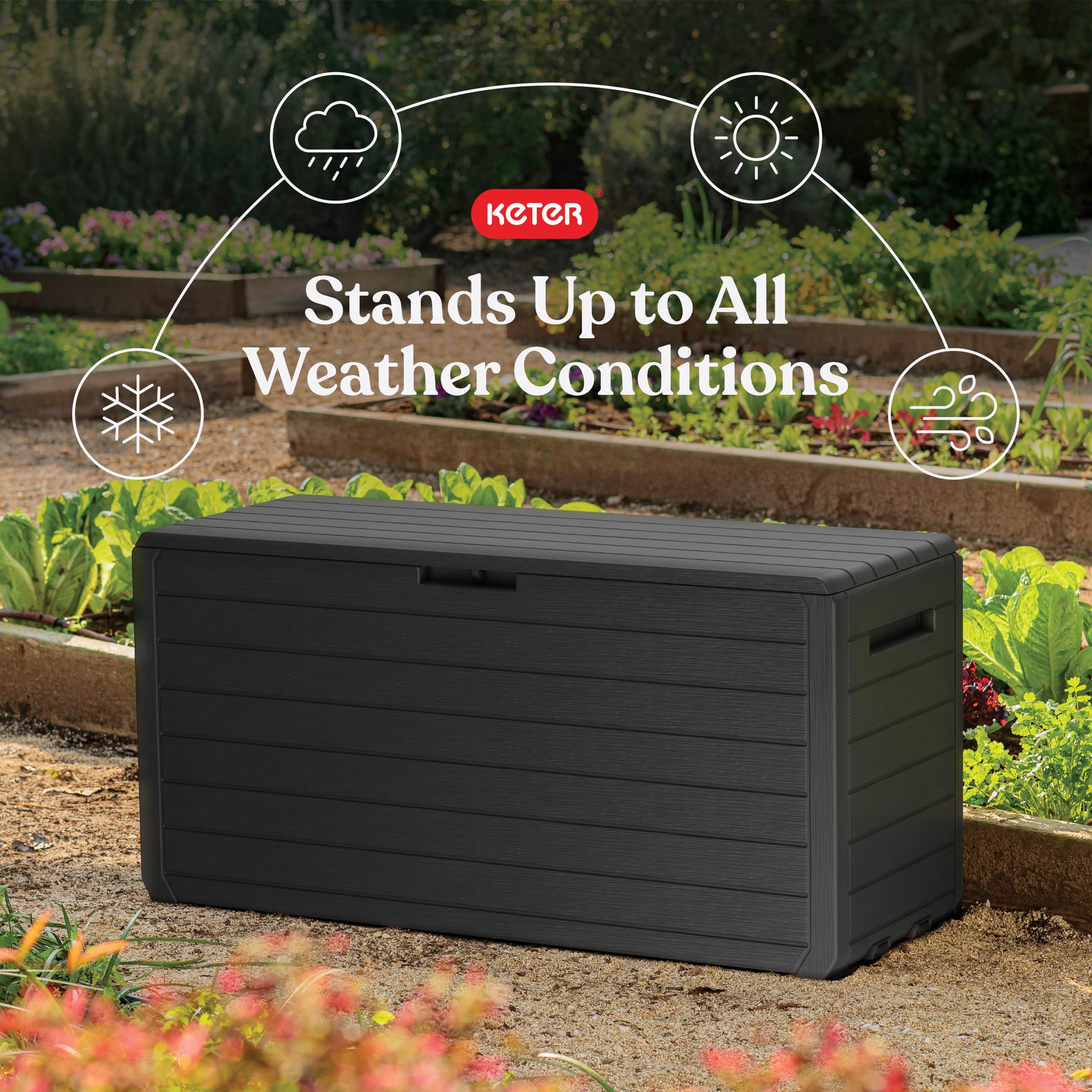 Keter Marvel Plus 71 Gallon Resin Outdoor Storage Box for Patio Furniture Cushions, Throw Pillows, Garden Tools and Pool Floats, Beige