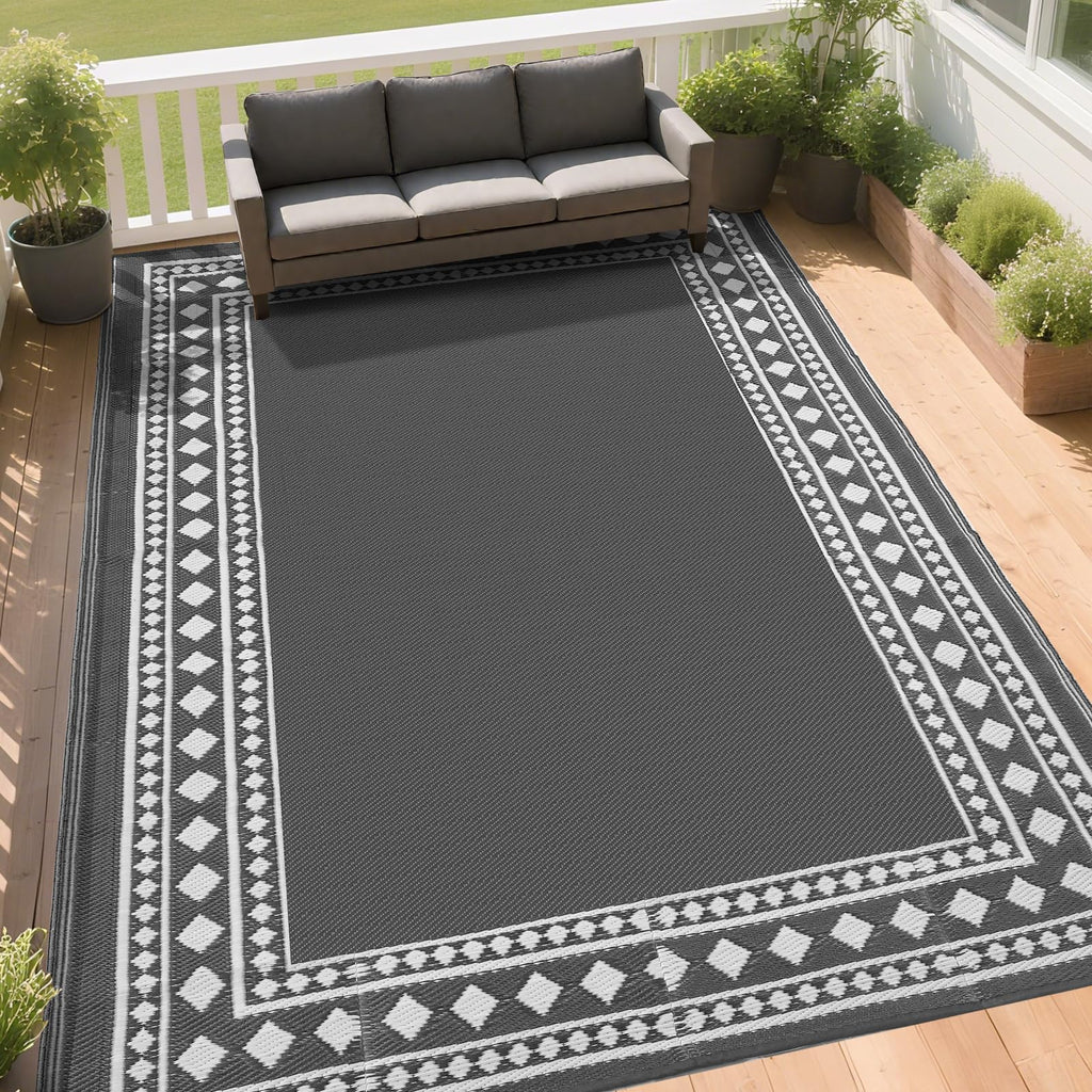 RURALITY Outdoor Rugs 8'x10' Waterproof for Patios Clearance,Plastic Straw Mats for RV, Camping,Backyard,Porch,Deck,Balcony,Reversible,Geometric