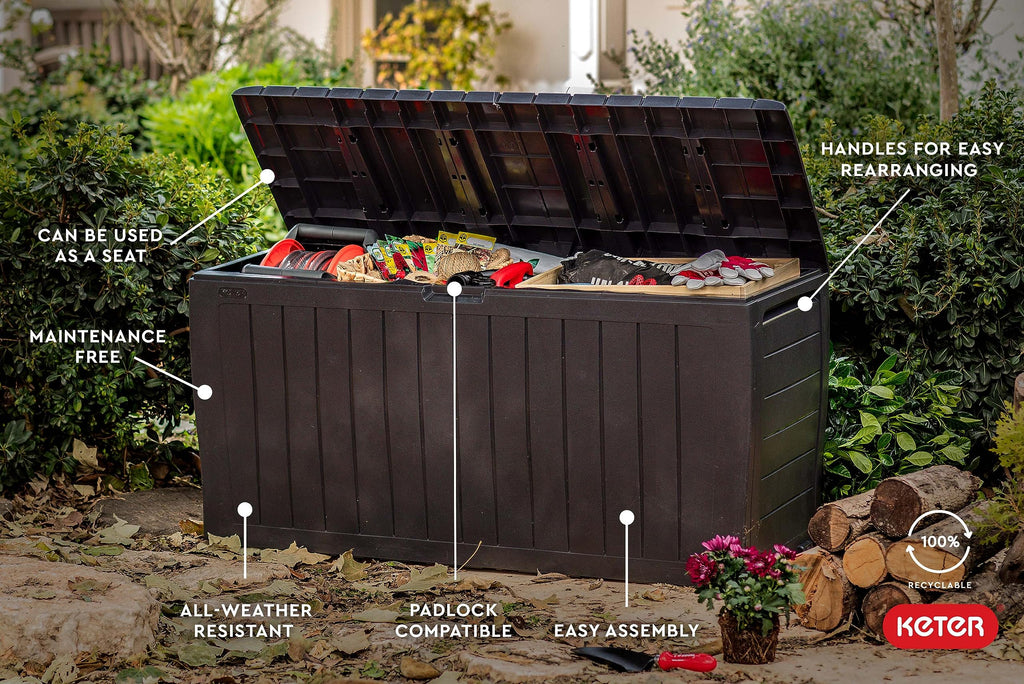 Keter Marvel Plus 71 Gallon Resin Outdoor Storage Box for Patio Furniture Cushions, Throw Pillows, Garden Tools and Pool Floats, Beige