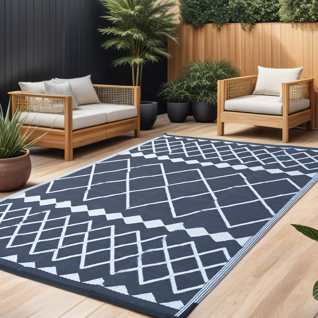 RURALITY Outdoor Rugs 8'x10' Waterproof for Patios Clearance,Plastic Straw Mats for RV, Camping,Backyard,Porch,Deck,Balcony,Reversible,Geometric