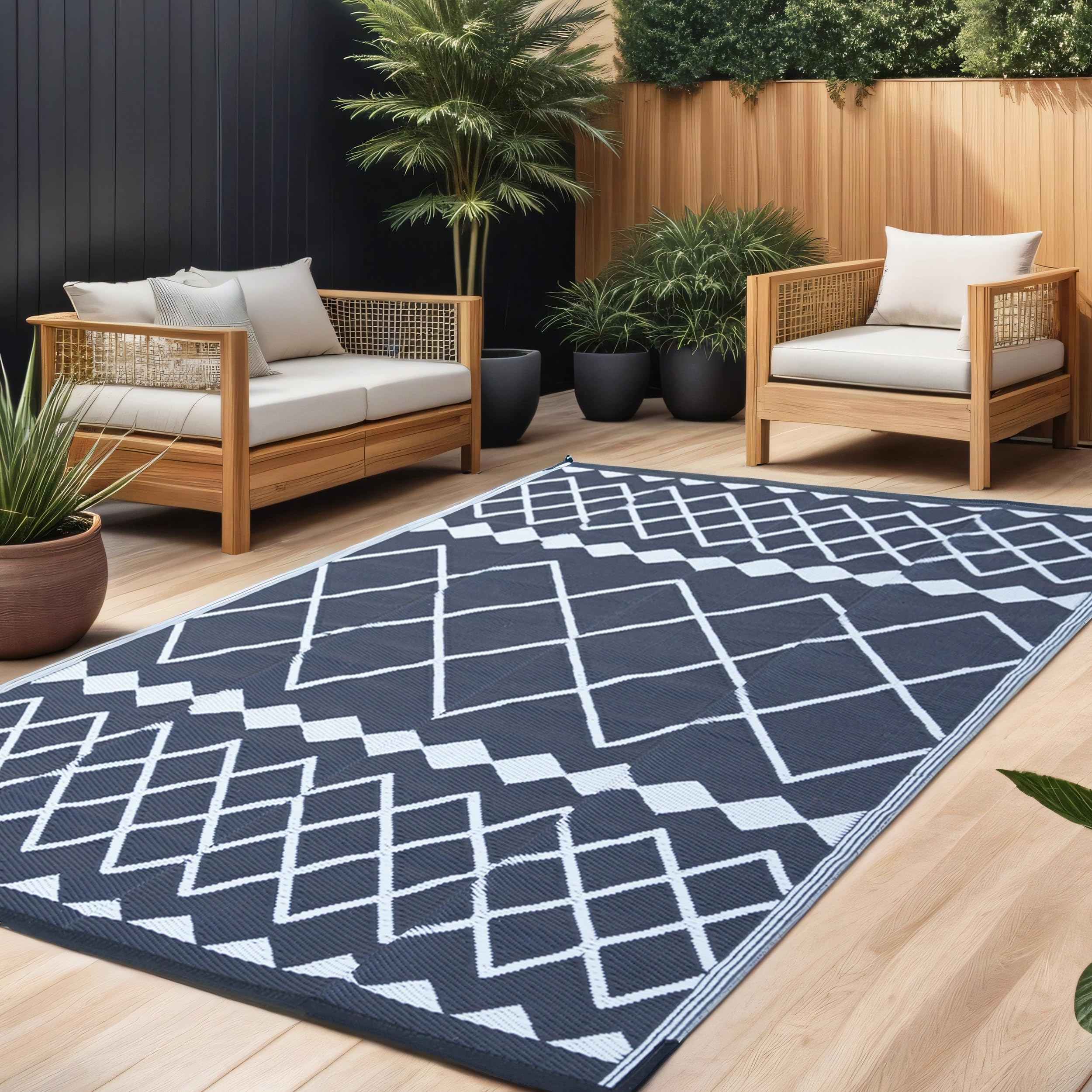 RURALITY Outdoor Rugs 8'x10' Waterproof for Patios Clearance,Plastic Straw Mats for RV, Camping,Backyard,Porch,Deck,Balcony,Reversible,Geometric